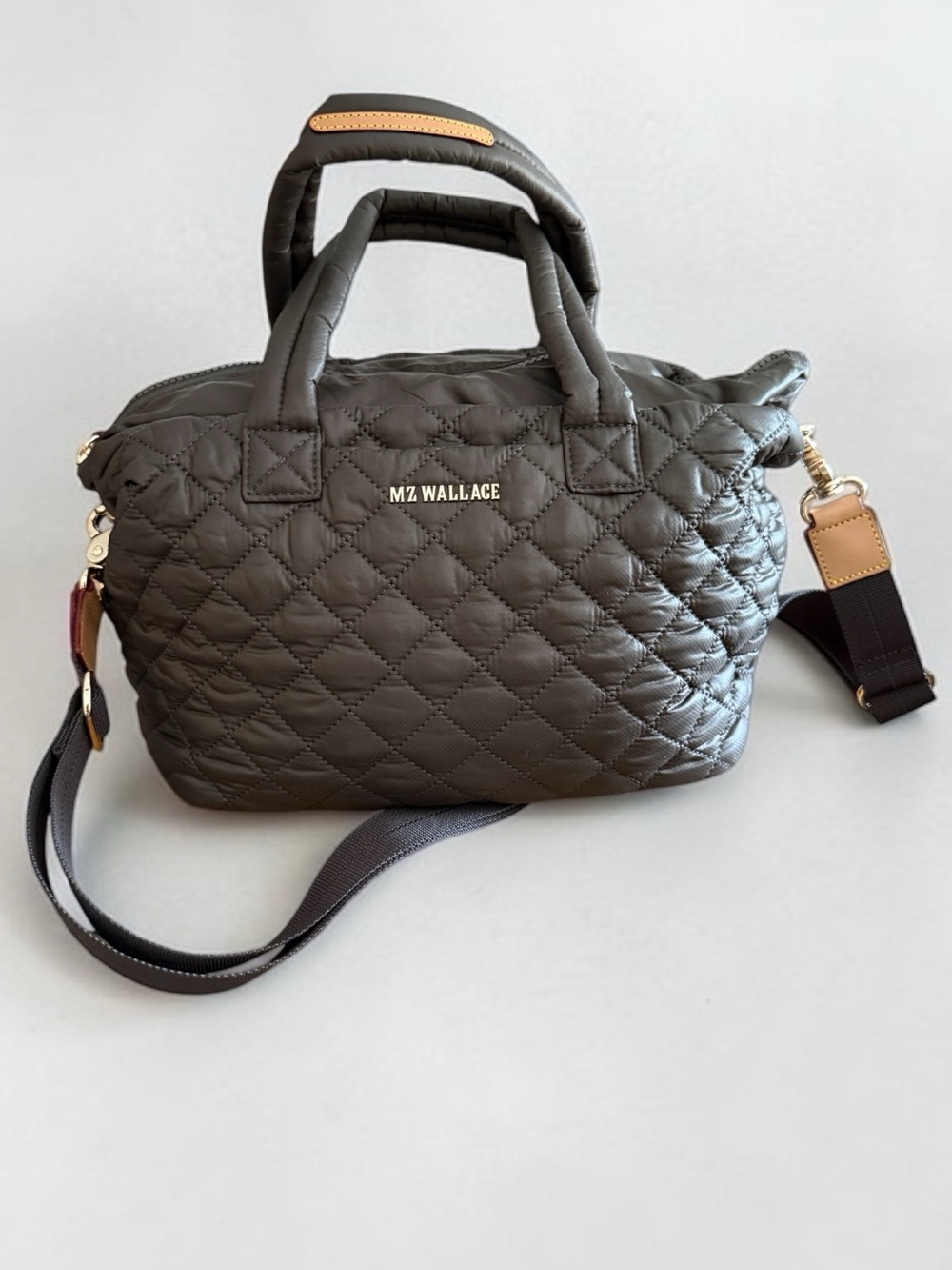 MZ Wallace Deluxe Mini Metro Tote Crossbody Magnet Gray Natural Leather Trim New